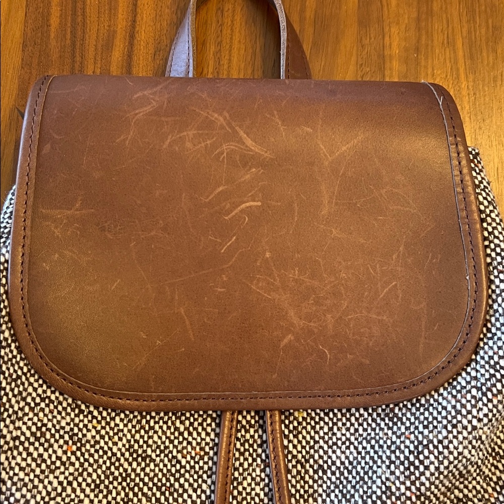 LL Bean Brown Leather & Tweed Backpack Purse - Picture 2 of 10